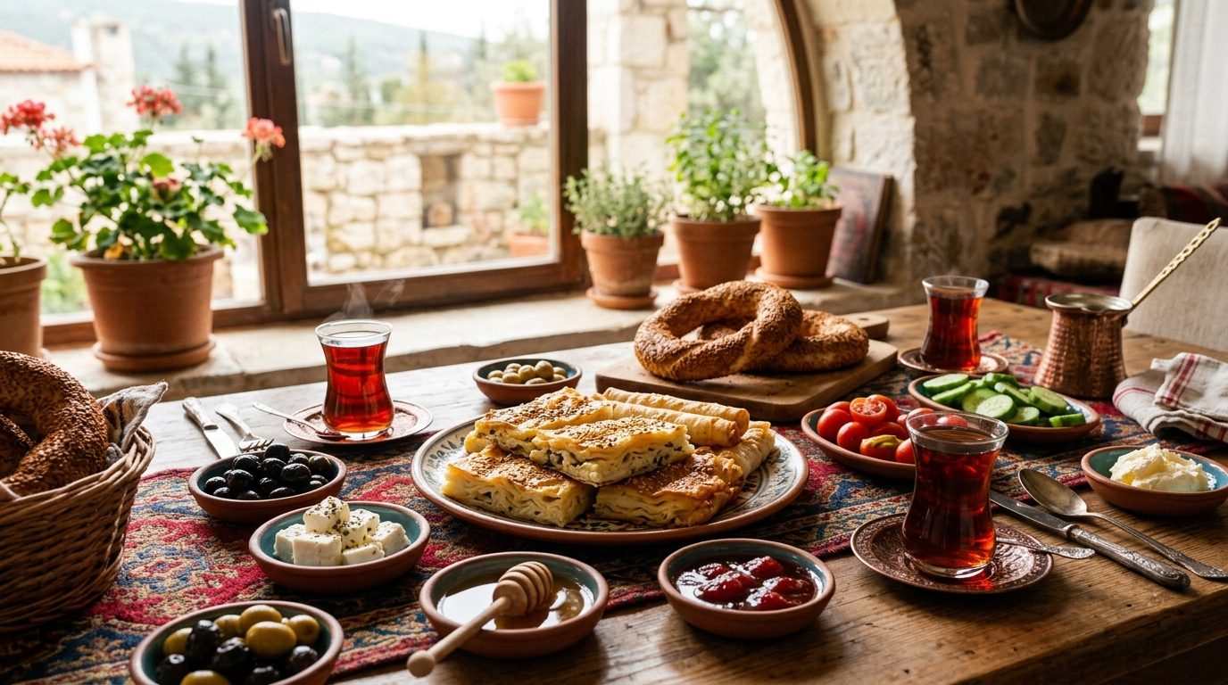 A richly laid Turkish table with börek, tulip-shaped tea glasses, and fresh simit